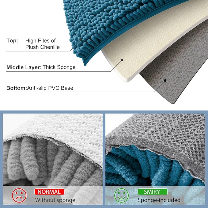 Smiry Luxury Chenille Bathroom Rugs 36x24, Extra Soft and Absorbent Shaggy Bath Mat, Machine Washable, Non-Slip Plush Carpet Runner for Tub, Shower, and Floor, Home Decor Accessories, Peacock Blue
