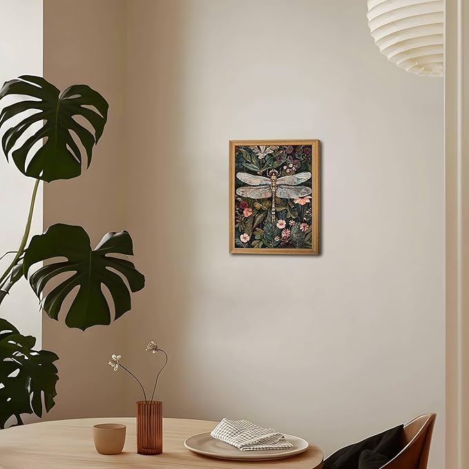 Framed Vintage 3D Textured Wall Art - Dark Green Dragonfly Flowers Wall Decor - Hand Drawn Sandstone Nature Botanical Pictures for Living Room Bedroom Home Decor 8x10in