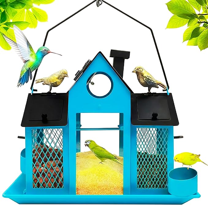 Solar Bird Feeders House for Outside Hanging, Metal Wild Bird Feeder for Outdoors Large Capacity Cardinal Birdfeeder Birdhouses Metal Bird Feeding Station Blue