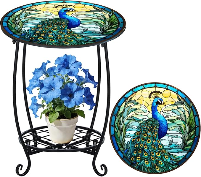 Cinnvoice Outdoor Side Table Round Small Mosaic Patio Accent Indoor End Plant Coffee Tea Table for Yard Patio Porch Garden Living Room, Bedroom(Peacock Style,12 Inch)