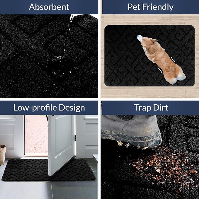 Walensee Indoor Doormat, Front Door Mat for Entrance (32"x48" Black) Machine Washable Entryway Rug, Non Slip Trapper Door Rugs Absorbent Dirt Low Profile Shoes Scraper Inside Floor Mats