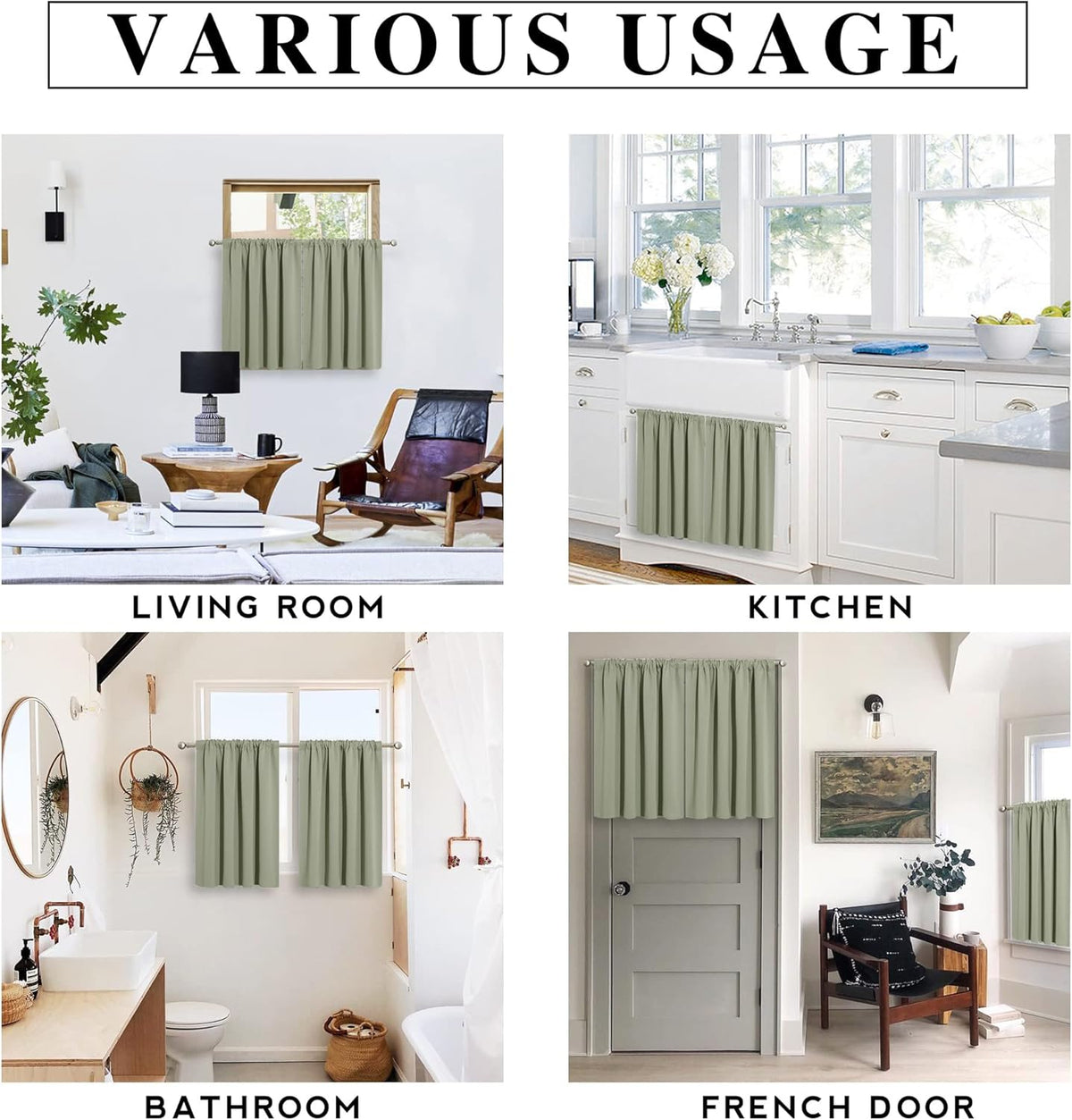 RYB HOME Blackout Curtains for Kitchen, Over Sink Privacy Curtains Window Decor, Thermal Insulating Drapes for Bathroom Cafe Bedroom Small Window, W 42 x L 24 inch, Sage Green, 2 Panels