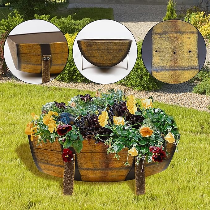 Aoutrow 15.43In 2 Pack Rustic Barrel Planters, Decorative Outdoor Garden Backyard Planter with Legs, Metal Flower Pot Half Barrel Planter Box, Brown
