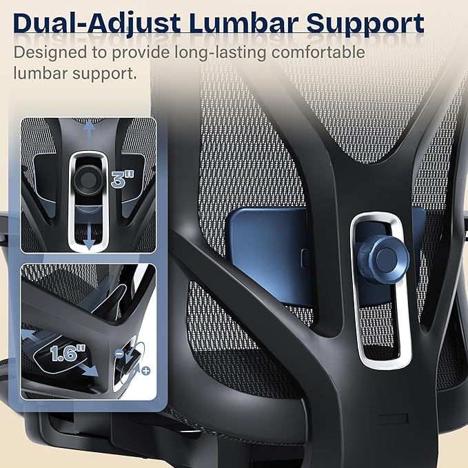 Ergonomic Office Chair, Mesh Computer Desk Chairs with Adjustable Lumbar Support, 3D Armrests, Tilt Function, Comfy Wide Seat, Swivel Executive Work Task Chair for Company and Home