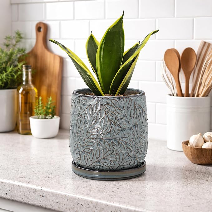 D'vine Dev 5 Inch Embossed Leaves Stoneware Planter Pot with Drainage Hole and Saucer, Graphite Blue, 27-A-V-9