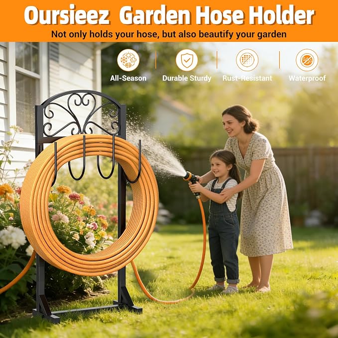 Garden Hose Holder for Outside - Freestanding Metal Water Hose Holder Stand Holds 151ft, Heavy Duty Garden Hose Storage Hanger Rack for Outdoor Yard Patio
