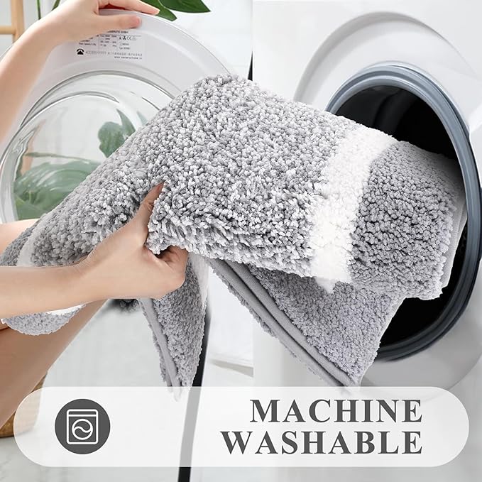 Pauwer Bathroom Rug Set 3 Piece, Non-Slip Absorbent Bath Mats, Microfiber Soft, Absorbent Plush Shaggy Carpets Includes U-Shaped Toilet Mat for Bath Floor, Shower, Light Grey