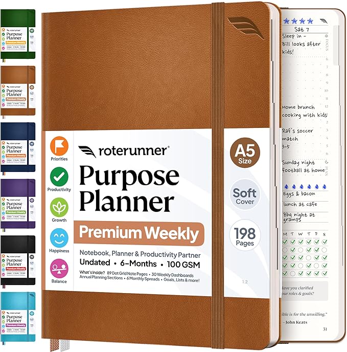 Roterunner Purpose Planner Notebook A5 5.8”x8.3” Undated 2026 Daily Weekly and Monthly Productivity Goal Setting Tool for Work Home ADHD Planner for Adults Self Care Journal (Tan Softcover)