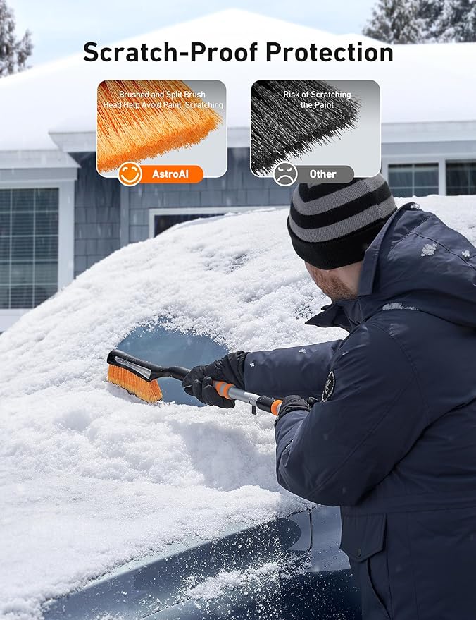 AstroAI 40" Snow Brush and Ice Scrapers for Car Windshield, Detachable Snow Scrapers with Ergonomic Foam Grip for Cars, Trucks, SUVs (Heavy Duty ABS, PVC Brush, Orange)