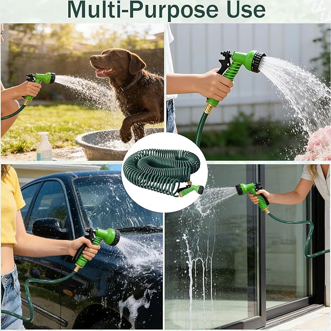 100FT Kink-Free EVA Coil Garden Hose, 3/4'' Brass Connector Expandable Self Coiling Water Hose with 7 Patterns Spray Nozzle for Lawn, Greenhouse, Patio, Boat, Car Wash