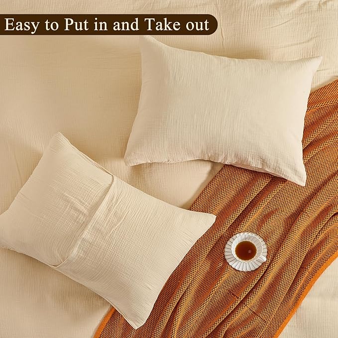 MEISHANG Muslin Duvet Cover King Size - 100% Organic Cotton, Soft Textured Gauze Weave Comforter Cover for Breathable All-Season with Zipper Closure - 3 Piece Set (King, Linen)