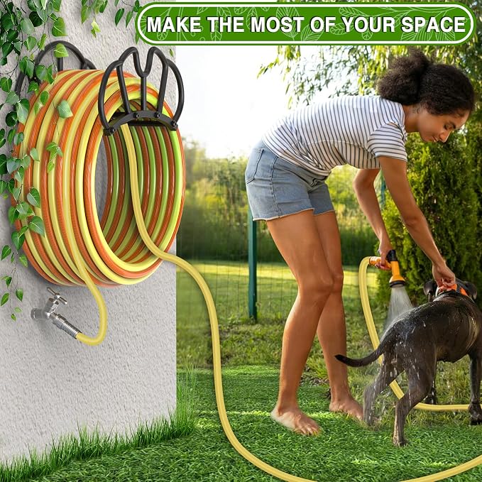 Qatsrin Super Stable Garden Hose Holder Wall Mount, Heavy Duty Water Hose holder Hanger Holds 125-Feet Hose, Metal Hose Storage Reel Rack Organizer for Outside Yard Lawn