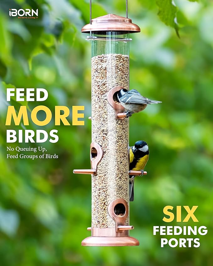 iBorn Metal Bird Feeders Brushed Copper Wild Bird Feeder for Outdoors Hanging All Metal Brushed Copper Finishing 15 Inch 6 Port,Pack of 2
