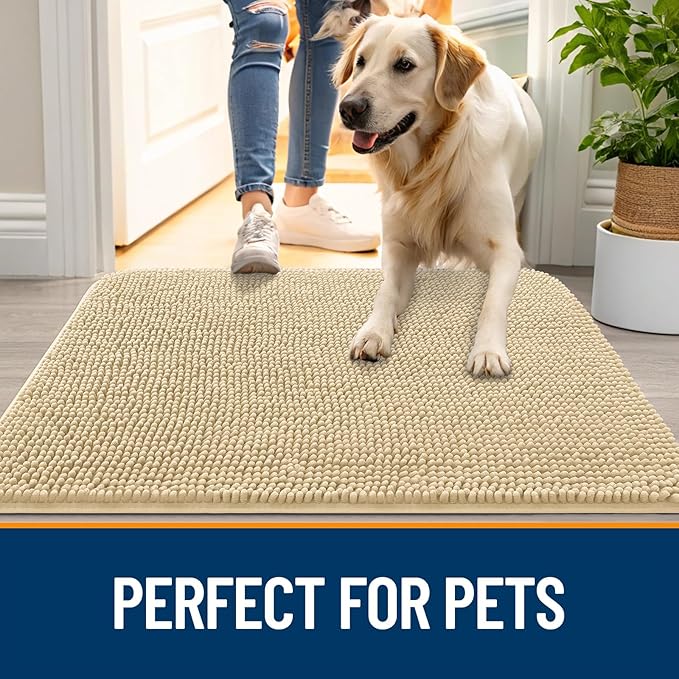 OLANLY Dog Door Mat for Muddy Paws 24x16, Absorbs Moisture and Dirt, Absorbent Non-Slip Washable Doormat, Quick Dry Chenille Mud Mat for Dogs, Entry Indoor Entryway Carpet for Inside Floor, Sand