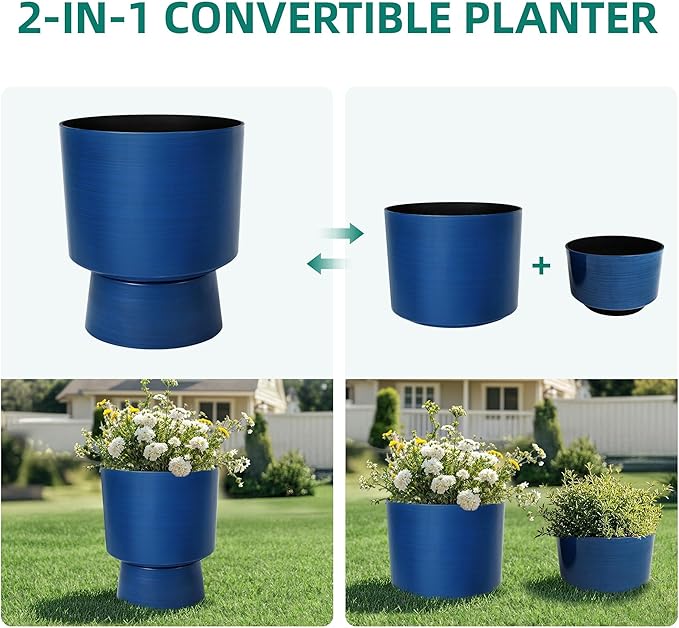 16.8" 2-Pack Urn Planters for Outdoor Indoor Plants, Modern 2-in-1 Large Flower Pots with Detachable Base, Drainage Holes, Weather-Resistant for Garden Patio Home Office Decor, Brushed Blue
