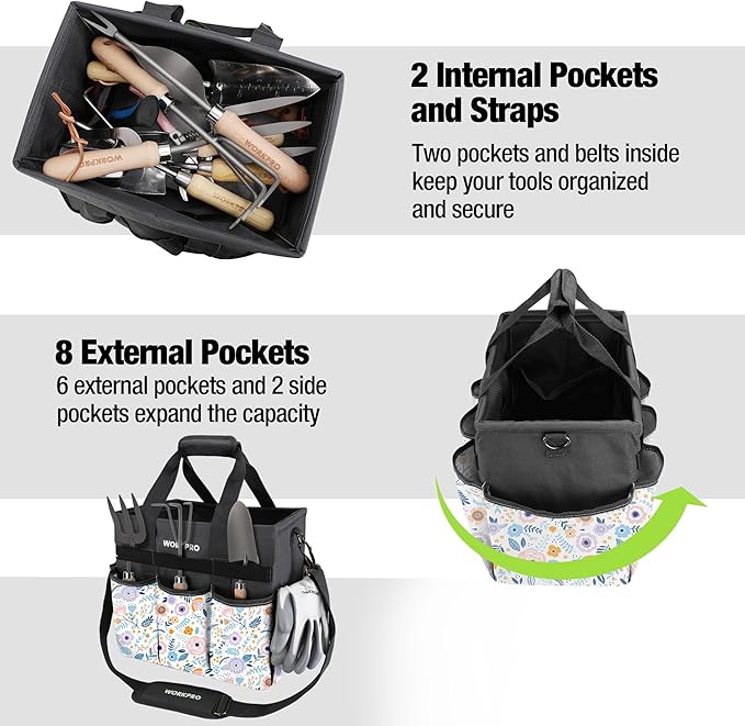 WORKPRO Garden Tool Bag Organizer, Heavy Duty Gardening Tote Bag with 10 Pockets and Long Adjustable Shoulder Strap, Standable Garden Home Tool Kits Organizer, Floral White (Tools are not Included)
