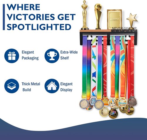 Medal Hanger Display & Trophy Shelf Combo - Unique 5.3" Deep Design for Large Trophies | 2X Thicker Metal