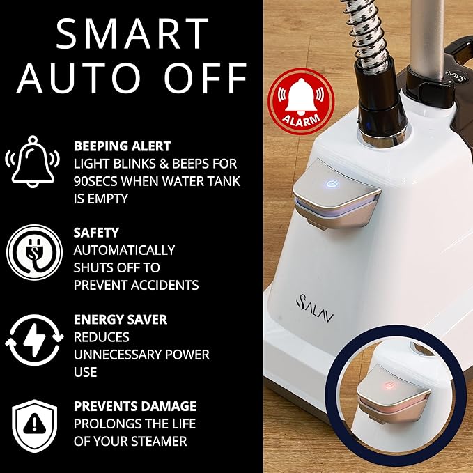 SALAV® Heavy Duty Smart Auto Shut-off Commercial Full-Size Garment Steamer, Beeping Alert when Water Runs out, Foot Pedal Control, XL 3L (101.5 oz) Tank, 1800 watts, 90+min of Continuous Steam, White