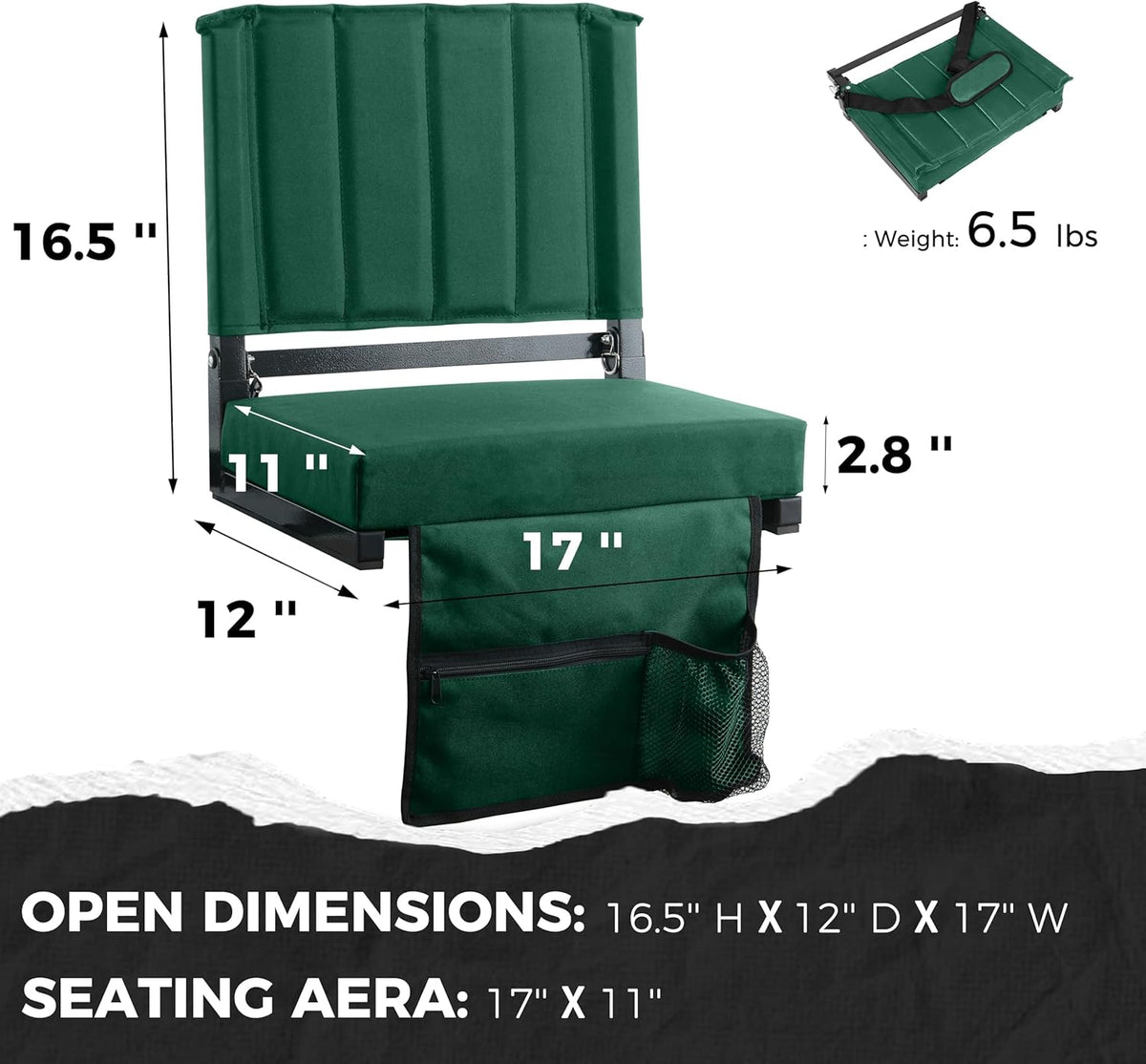 Sport Beats Stadium Seats - Comfortable Bleacher Chairs with Back Support & Cushion | Hunter Green, 1pc Regular - 17" W x 12" D x 16.5" H