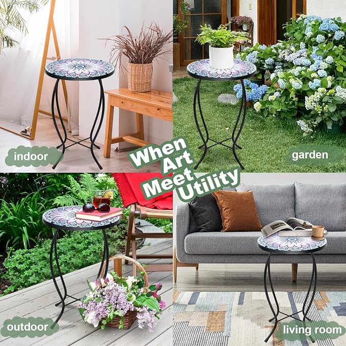 VCUTEKA Outdoor Side Table Mosaic End Table Patio Side Table Small End Tables Glass Top Round Balcony Coffee Porch Indoor Glass Top Flower 14''