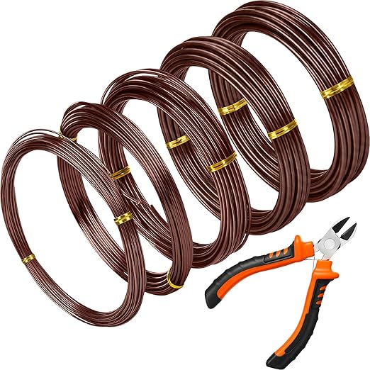 Mudder 5 Roll Aluminum Bonsai Training Wire Tree 1/1.5/2/2.5/3mm 118 Feet Total with Bonsai Wire Cutter Anodized Training for Holding Branches Small Trunks(Brown)