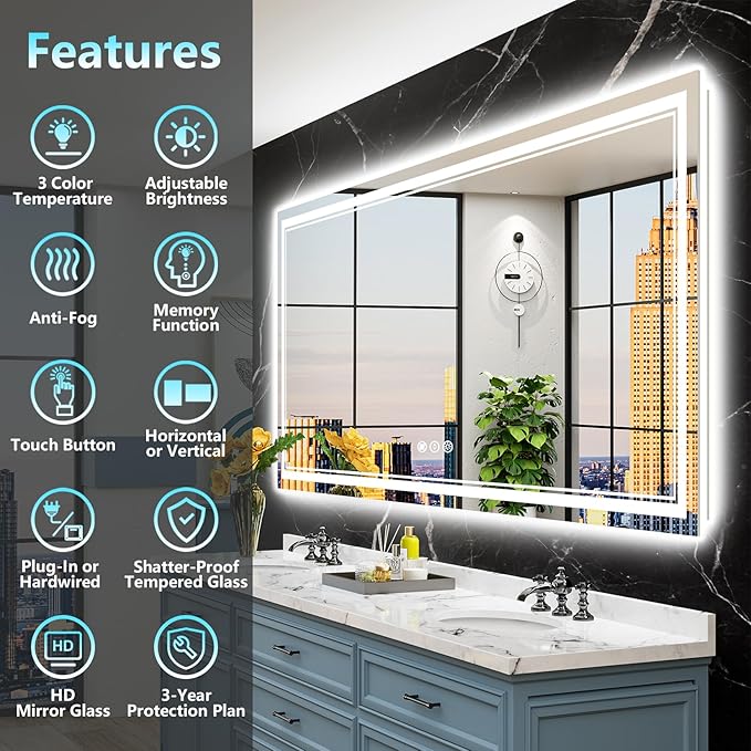 84x32 LED Bathroom Mirror with Lights, Backlit and Front Lit Anti-Fog Lighted