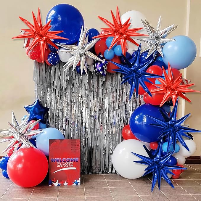 Red Blue Silver Star Balloons,9Pcs 22Inch Blue Red Silver Explosion Spike Cone Helium Star Foil Balloons for 4th of July Independence Birthday Anniversary Usa Patriotic Party Decorations