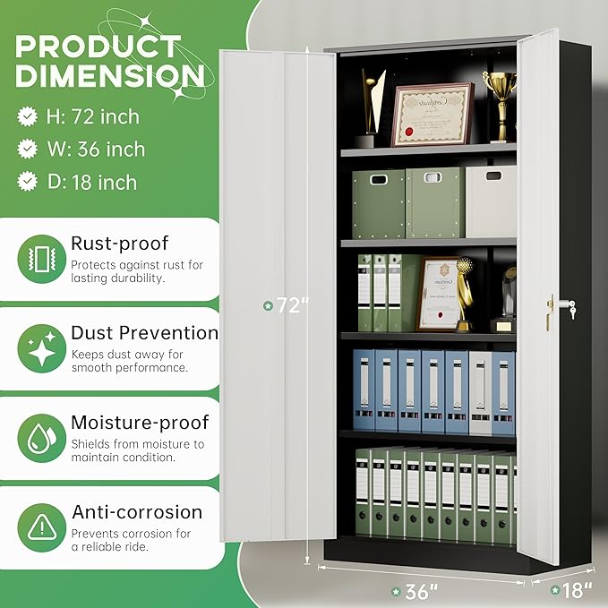 INTERGREAT Metal Storage Cabinet with Lock,72" Steel Lockable File Locker Cabinet with Locking Doors and Adjustable Shelves, Storage Lockers for Office, Home, Garage, Gym, School (Black Grey)