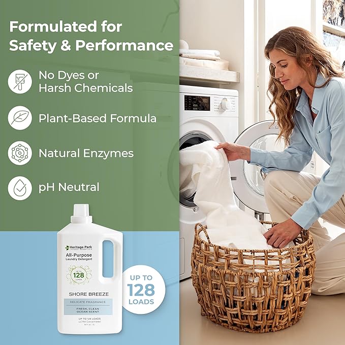 Heritage Park Luxury Laundry Detergent | Dermatologist Tested Plant based Natural & Enzyme Laundry Detergent | Sensitive Skin Friendly - Shore Breeze (64 fl oz)