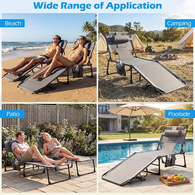 GYMAX Tanning Chair with Face Hole, Sun Bathing Lounge Chairs for Outside with Side Pocket, Folding Portable Face Down Layout Tanning Chair Beach, Backyard, Poolside, Lawn (Grey,1)
