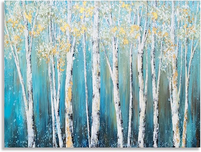 Yihui Arts Birch Tree Canvas Wall Art Hand Painted Teal and White Color Painting