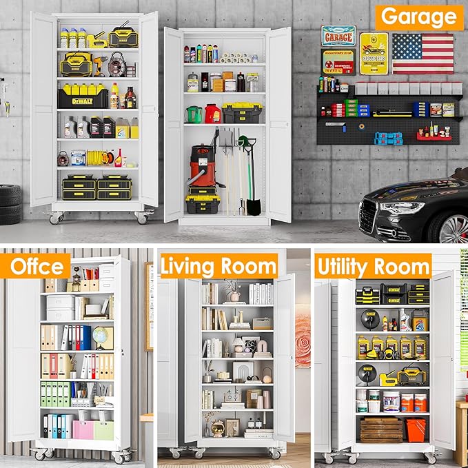 75''H Metal Garage Storage Cabinet with Wheels,Steel File Cabinets with 2 Doors and 5 Adjustable Shelves for Home Office, Warehouse, Required Assembly,White