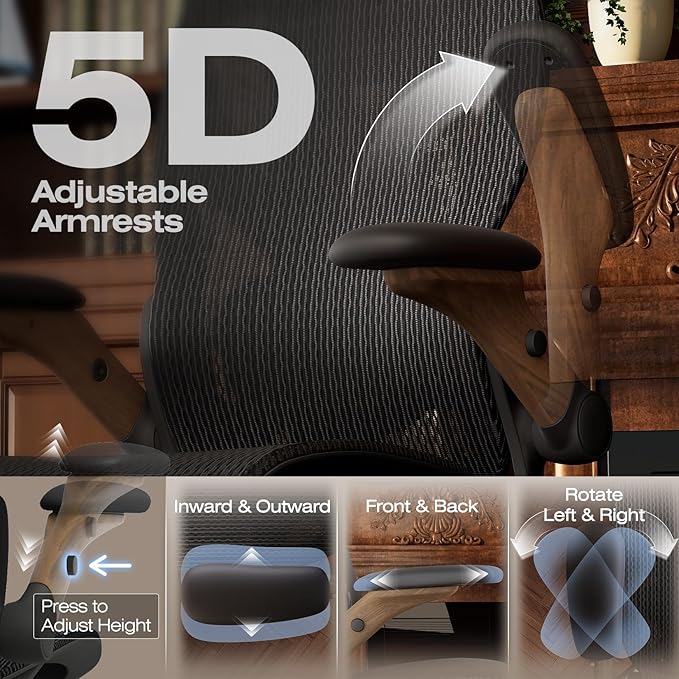 ELABEST X100 Ergonomic Office Chair with Footrest, Big and Tall Home Desk Chair with 5D Flip-Up Arms, Adjustable 3D Lumbar Support,High Back Rolling Computer Chair, Swivel Mesh Chairs (Library Oak)