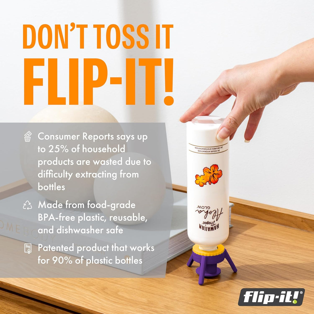 Flip-It! Bottle Emptying Kit – 6 Bottle Pack - No more wasted product - Fits most plastic bottles – 6 Base Caps, 6 Adapters – Bright Color Edition