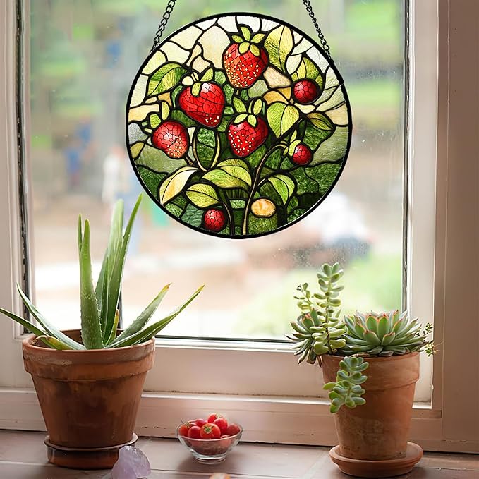 Stained Glass Window Hanging - Red Strawberry Suncatcher for Doors Window Home Green Plant Sun Catchers Decor Christmas Mother's Day Birthday Gifts for Teacher Women Men Mom Nana 15 in