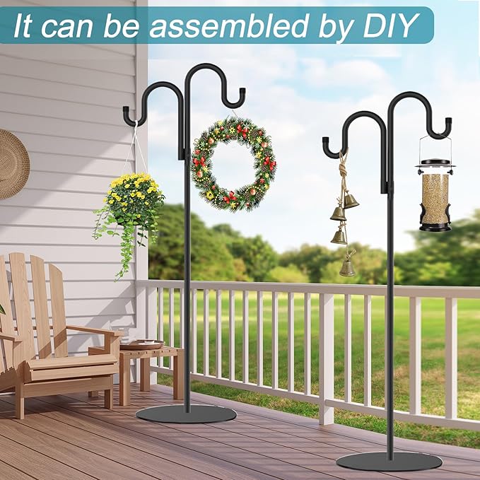 2 Set Shepherd's Hook Stand Plant，Bird Feeder，Wind Chime Hanger Stand, Waterproof Metal & Adjustable-Height Standing Pole Holder for Lantern and Wreath, Indoor & Outdoor