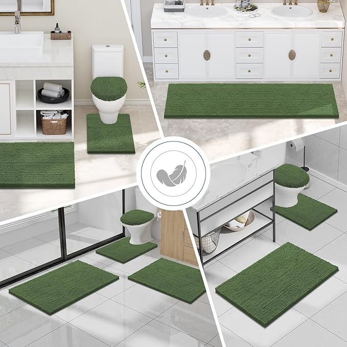 Smiry Luxury Chenille Bathroom Rugs 34x21, Extra Soft and Absorbent Shaggy Bath Mat, Machine Washable, Non-Slip Plush Carpet Runner for Tub, Shower, and Floor, Home Decor Accessories, Olive Green