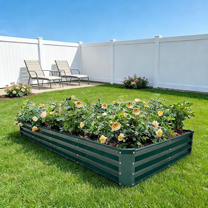 GARDMAX 8x4x1FT Galvanized Raised Garden Bed Kit, Metal Planter Boxes Outdoor with Easy Assembly, Large Garden Bed for Vegetables, Fruits, Flower, Herbs Rectangle Dark Green