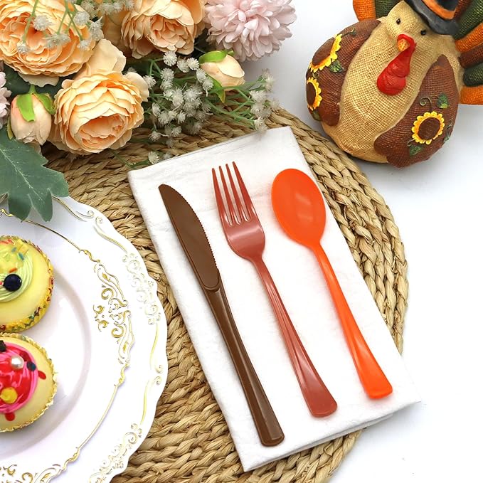 153PCS Fall Plastic Cutlery, Thanksgiving Plastic Silverware Heavy Duty Disposable Cutlery Set Includes Spoons Forks Knives for Thanksgiving Fall Party