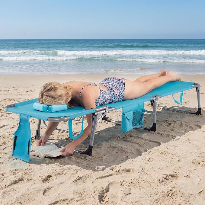 COSTWAY Tanning Chair with Face Hole, Folding Beach Lounge Chair | 4-Position Adjustable Backrest, Pillow & Side Pocket for Sunbathing, Camping (2, Turquoise)