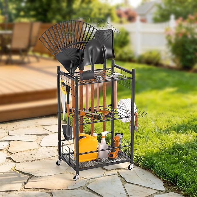 EVERHANGER Garden Tool Organizer, Garage Tool Storage Organization, Yard Tool Racks with lockable wheels, Fit for Long-Handled Tools, Indoor/Outdoor Use