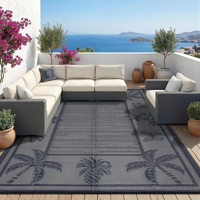 Garvee Outdoor Rug 8x10 Waterproof for Patios, Reversible Plastic Straw Rug, Tropical Leaf Indoor Outdoor Rugs, Large Area Rug for RV, Camping, Deck, Picnic Mat, Outside Carpet