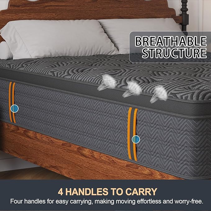 Queen Mattress, 14 Inch Hybrid Mattresses in a Box with Durable Support, Fiberglass Free, Motion Isolation & Individually Poctet, 100 Night Trial, Queen Size, Dark Grey