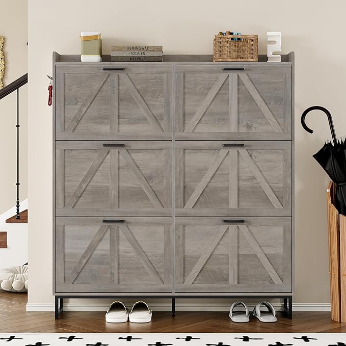 Shoe Cabinet with 6 Flip Drawers Narrow Shoe Storage Cabinet Organizer Wooden Freestanding Shoe Rack Hidden Slim Shoes Storage Cabinet for Entryway, Hallway, Living Room, Bedroom