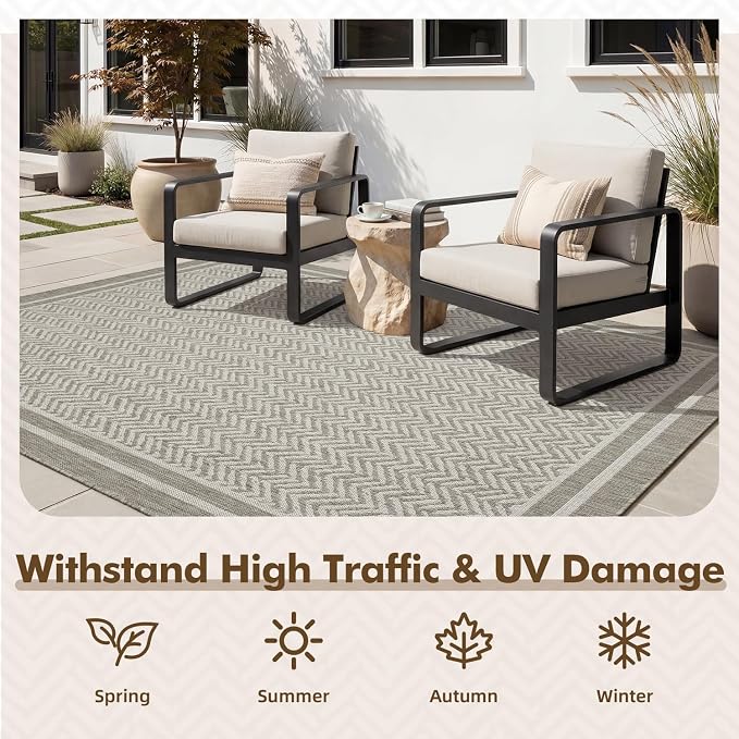 MontVoo-Outdoor Rug-Patio Rug 6x9 Polypropylene Indoor Outdoor Rugs Outdoor Carpet for Patio Deck Balcony Porch, Textured Weave, Durable for High Traffic, Fade-Resistant, Boho Farmhouse Silver Grey