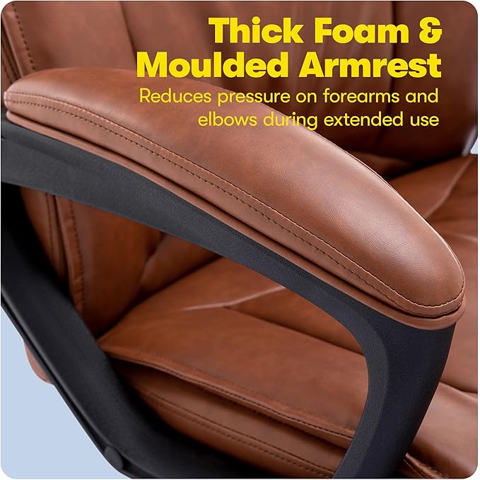 Serta Hannah Executive Home Office Desk Chair, Ergonomic Mid-Back with Lumbar Support, Firm Seat Cushion, Layered Body Pillows, Padded Armrests, Swivel Base, Easy Assembly, Bonded Leather, Cognac
