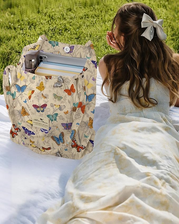 Miss Adola Corduroy Tote Bag for Women - Reusable Totes with Magnetic Buckle & Pocket Aesthetic Design Work Grocery Bags