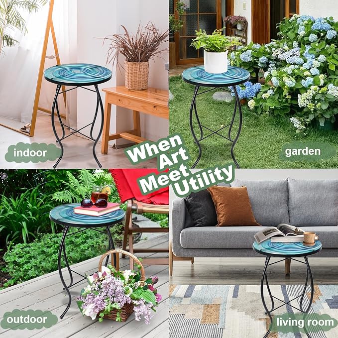 VCUTEKA Patio Side Table Outdoor Accent Table Small Mosaic Table Coffee Table End Tables Porch Indoor Outdoor Round Glass Balcony Bistro Blue Purple Gradient Starry Vortex