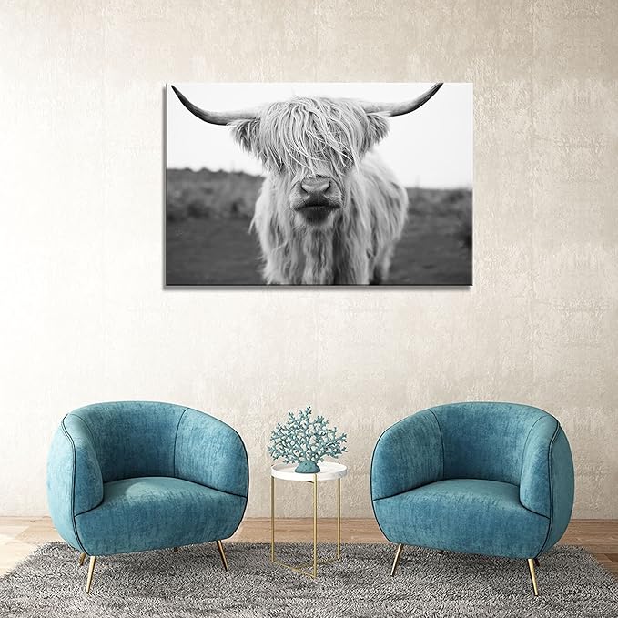 XXMWallArt FC3669 Highland Cow Canvas Art - Black and White Animal Wall Art for Living Room, Bedroom, Office Decor