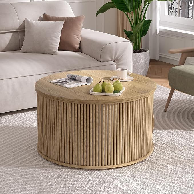 31.5" Round Lift Top Coffee Table,Natural Oak Modern Fluted Drum Center Table with Hidden Storage, Japandi Scandi Wood Circle Desk for Boho Living Room & Apartment